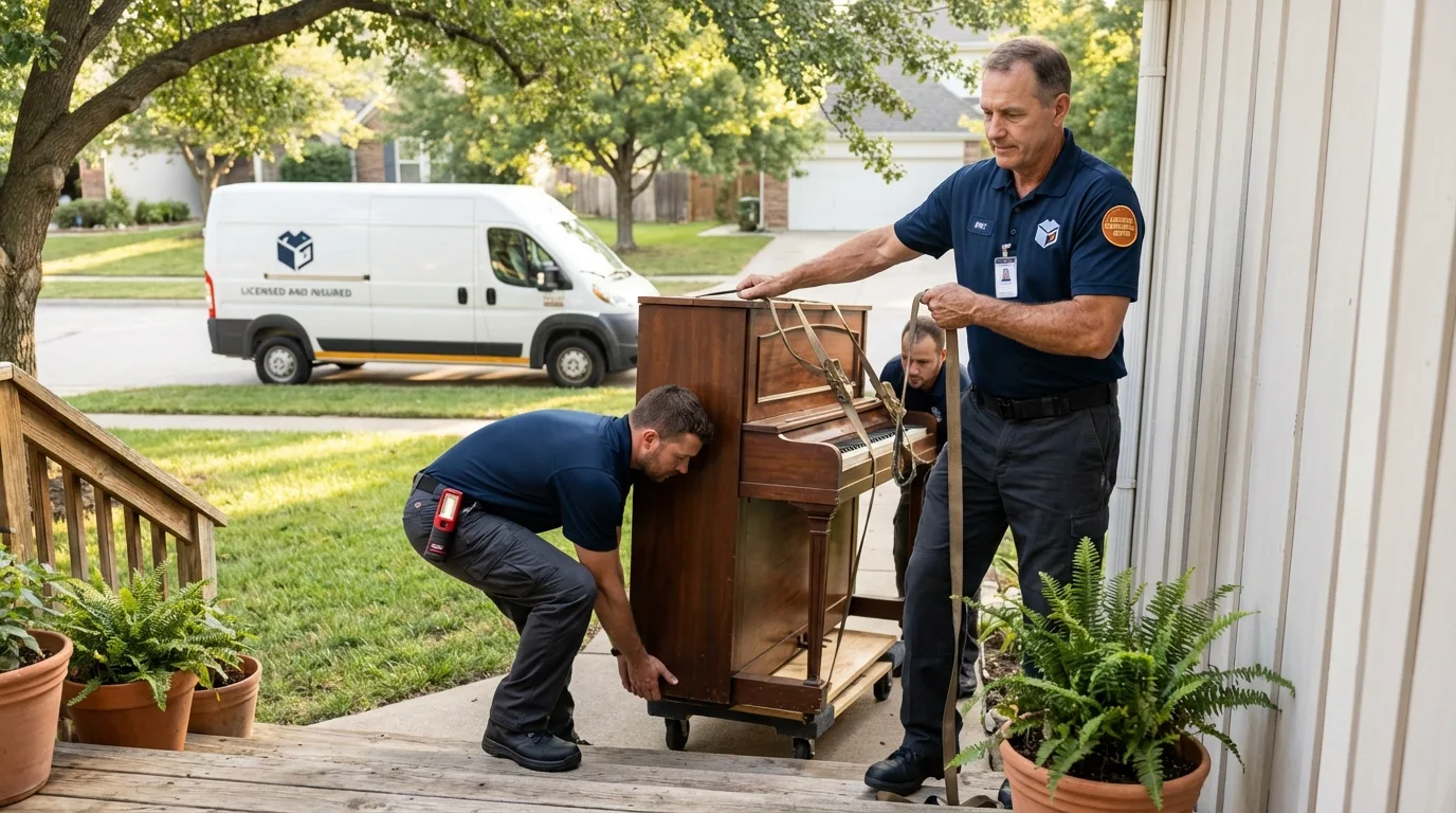 Licensed piano movers securing grand piano in Creede, CO