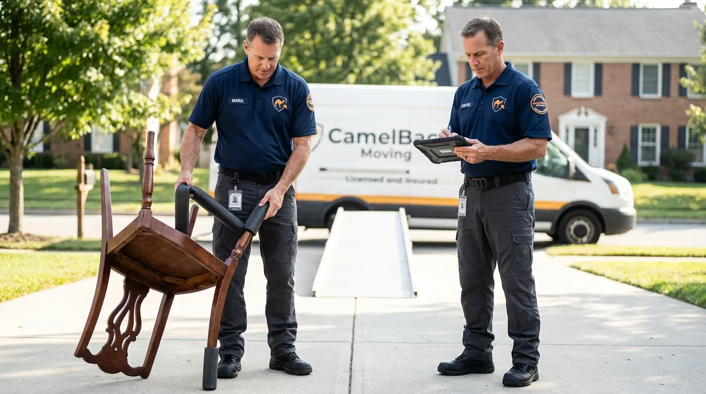 Movers inspecting furniture for damage prevention before loading in Creede, CO