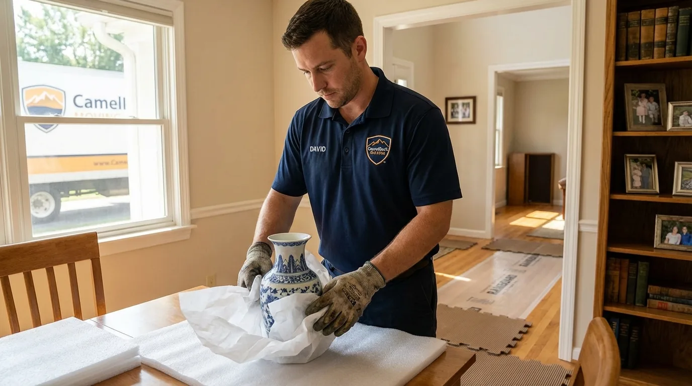 Professional crew carefully wrapping antique vase for senior downsizing move in Creede, CO